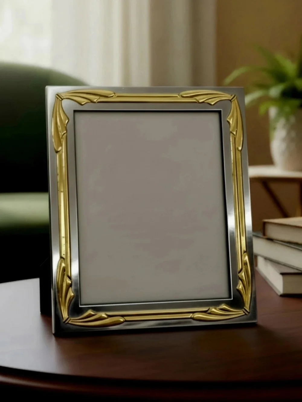 Mid Century Picture Frame Featuring Silver Mirroed Finish With Ornate Gold Tones